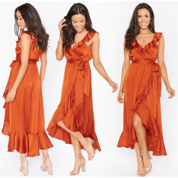 NWT Show Me Your MuMu Samantha Ruffle Long Wrap Dress Burnt Orange Sz XXS - Picture 1 of 11